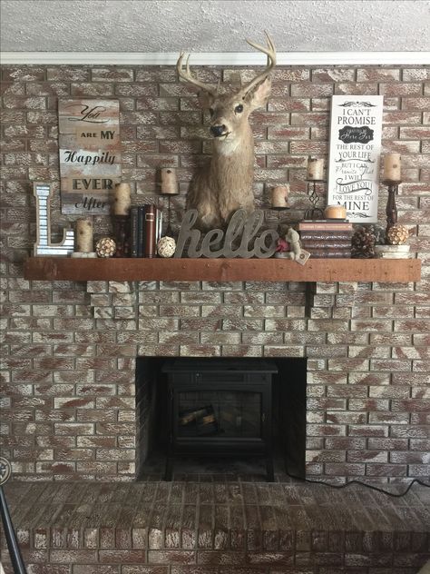 Home Decor With Deer Head, Deer Head Mantle Decor, Fireplace Decor With Deer Mount, Lodge Mantle Decor, Deer Mount Over Fireplace, Deer Head Decor Living Room Farmhouse, Deer Heads Living Room, Deer Mount Decor, Fireplace Decorating