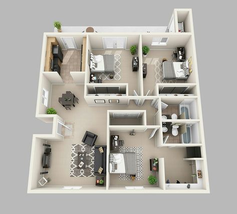 Ranch House Blueprints, 3d Design House, Home Design 3d, House Design 3d, Apartments Kitchen, 1200 Sq Ft House, 3d House Design, Three Bedroom House Plan, 3d Elevation