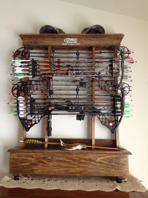 Hunting Storage, Deer Hunting Decor, Cart Organizer, Archery Shop, Bow Rack, Bow Storage, Bow Hanger, Hunting Room, Hunting Decor