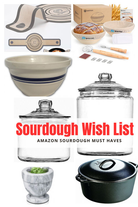 want to start baking with sourdough starter but dont know what tools you need? These Amazon must haves are a good start! How Do You Start A Sourdough Starter, Best Jars For Sourdough Starter, Sourdough Bread Making Tools, Sourdough Baking Tools, Sourdough Starter Names List, Sourdough Bread Tools, Sourdough Starter Warmer, Sourdough Must Haves, Sourdough Starter Container