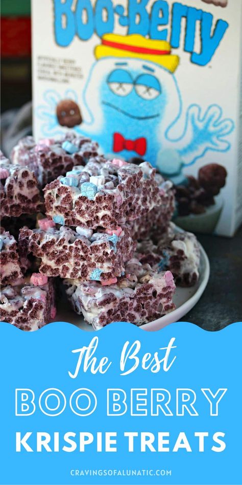 Boo Berry Krispie Treats Booberry Cereal Treats, Boo Berry Cereal Recipes, Monster Cereal Treats, Frankenberry Treats, Halloween Cereal Treats, Chocolate Cereal Treats, Boo Berry Cereal, Monster Cereal, Homemade Crackers Recipe