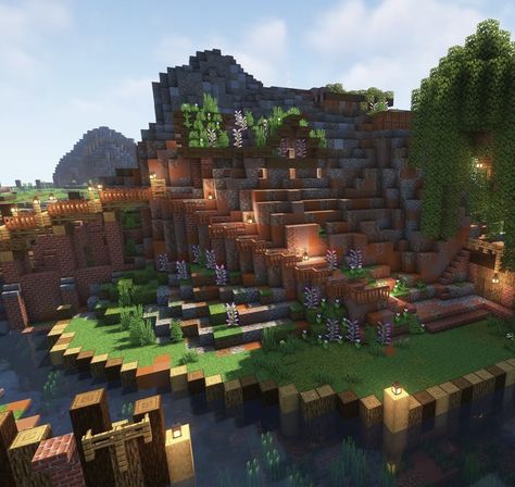 Mountain Path Minecraft, Minecraft Terraforming Ideas, Minecraft Cave Entrance Ideas, Minecraft Cave Village, Minecraft Cave House Ideas, Minecraft Mountain Village, Minecraft Cave Ideas, Minecraft Mineshaft, Minecraft Terraforming