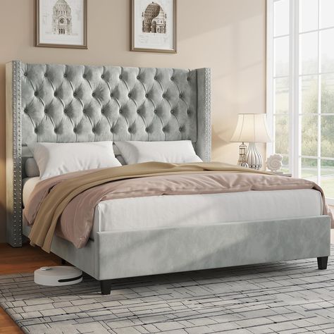 PRICES MAY VARY. 51.6" TALL HEADBOARD: Featuring an ultra-high headboard and a wingback adorned with nailhead trim, our platform bed blends classic and modern styles. HANDCRAFTED ELEGANCE: Elevate your bedroom with our high-quality velvet bed frame, featuring deep tufted buttons and double pleats for an artistic touch and luxury. STURDY STRUCTURE: Designed for stability, wooden slats and metal support legs provide a solid foundation, ensuring reliable and secure sleep. NOISE-FREE SLEEP: Enjoy tr