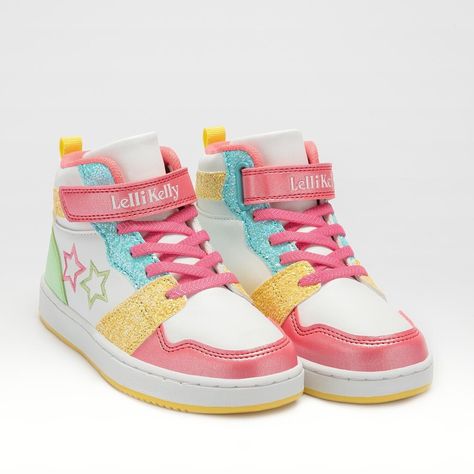 Brand New From Lelli Kelly LK Anna Hi Tops in White Multi  Free UK Shipping  £49.90 New Season Lelli Kelly have don’t it again with this colourful sneaker style hi top. Lightweight and flexible with star decorations, the ideal sneaker for the spring summer season. The multi colour glittery design will complement and outfit. Hi Top Design  Cushioned Footbed  Padded ankle cuff  Single Strap fastening  Bungee lace support  Free LK Gift Lelli Kelly, Colorful Sneakers, Sneaker Style, Star Decorations, Hi Top, Ankle Cuffs, Detail Shop, Top Design, Girls Clothes