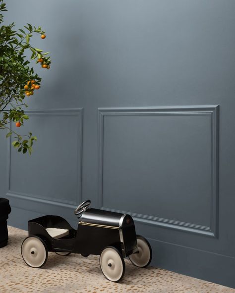 A dark, moody gray sharpened with a hint of blue. Boys Bedroom Paint Color, Dark Blue Grey Paint, Grey Boys Rooms, Blue Gray Nursery, Blue Boys Bedroom, Benjamin Moore Blue, Boys Room Blue, Nursery Paint Colors, Boy Room Paint