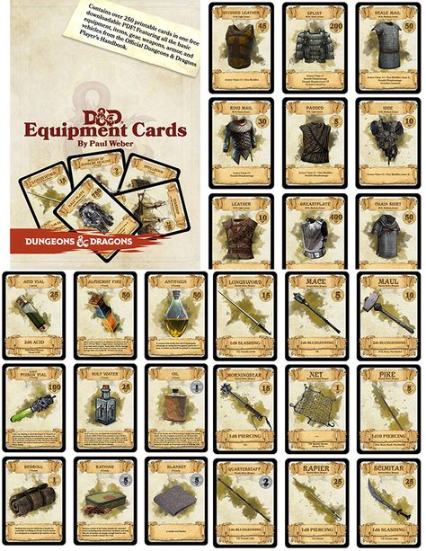 CHAMPIONS! This is an amazing job made by Paul Weber: over 300 printable cards in one free PDF, the cards contain all the basic equipment, gear, and items from the Official D&D Player’s Handboo… Dungeons And Dragons Free Printable, Dungeons And Dragons Cards, D&d Printables, Dungeons And Dragons Printables, Card Game Design, Dnd Character Sheet, Dnd Crafts, Game Card Design, Dungeons And Dragons 5e