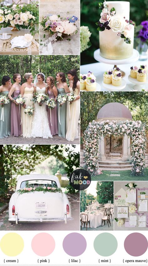 Pastel Wedding Colour Palette { Cream,Lilac,Mauve and Mint green wedding } fabmood.com #wedding #springwedding #weddingcolor #mauvewedding #lilacwedding #pastelwedding Pastel Wedding Colors, Wedding Color Schemes Spring, Spring Wedding Color Palette, Lilac Colour, Wedding Mint Green, Mauve Wedding, Wedding Colour, Lilac Wedding, Spring Wedding Colors