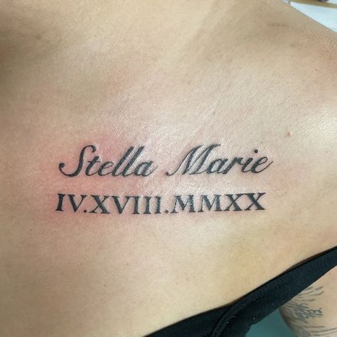 Name With Roman Numeral Tattoo, Tattoo Ideas Female Roman Numerals, Name And Roman Numeral Tattoo, Roman Numbers Tattoo Women, Childs Name Tattoo Ideas For Women, Birthday Tattoos For Women, Roman Numerals Tattoo Ideas, Name And Date Tattoo, Roman Numeral Tattoo With Name