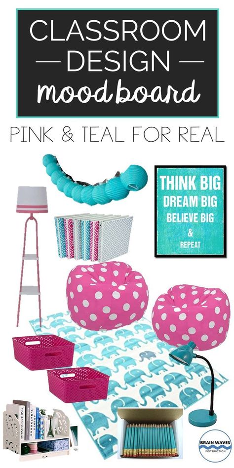 I love this pink and teal classroom mood board!  It's the perfect combination of fun and learning! Pink Classroom Theme, Teal Classroom, Desk For Students, Noun Verb Adjective, Pink Classroom, Quotation Mark, Elementary Classroom Themes, Middle School Classroom Decor, Teal Color Schemes