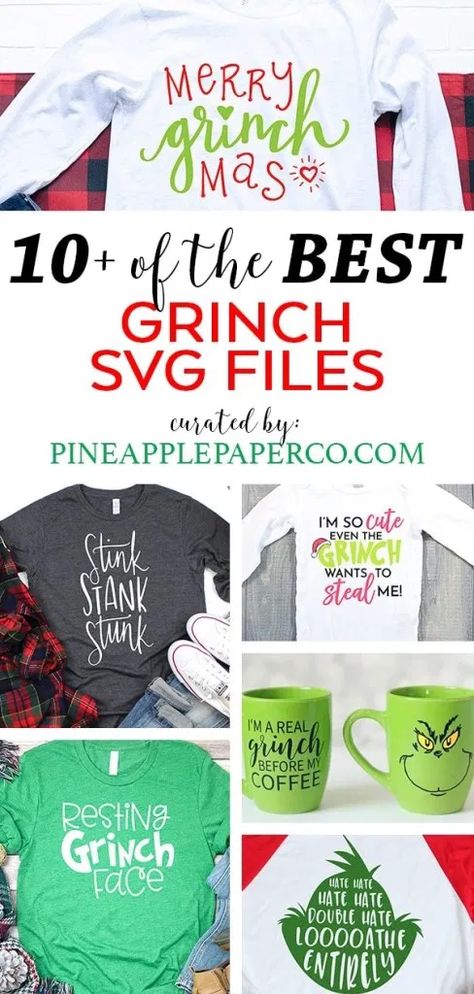 Download the BEST Grinch SVG Cut Files for Making Grinch shirts, ornaments, and other Christmas DIY crafts with Cricut and Silhouette Machines - curated by Pineapple Paper Co. #cricut #silhouettecameo #freesvg #svgfiles #christmasshirt #grinch #cricut #cricutmade #grinchsvg #grinchshirt #diyornament #freecutfiles #svgcutfiles Diy Grinch Shirt, Crafts With Cricut, Grinch Svg Free, Grinch Svg Files, Grinch Cricut, Christmas Diy Crafts, Grinch Crafts, Hate Christmas, Grinch Shirts