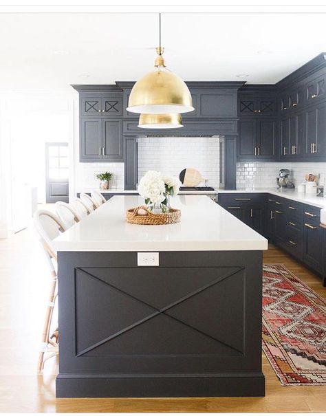 Ben Moore cheating heart Dark Kitchen Island Paint Colors, Dark Grey Cabinet Colors, Dark Painted Island, Cheating Heart Benjamin Moore, Luxury Kitchen Designs, Kitchen Makeover Ideas, Hale Navy, Refacing Kitchen Cabinets, Blue Kitchen Cabinets