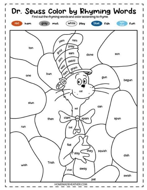 Cat in the Hat Rhyming Coloring Page Dr Seuss Printables, Dr Seuss Preschool Activities, Dr Seuss Coloring Pages, Dr Seuss Preschool, Dr Seuss Activities, Dr Seuss Crafts, Seuss Crafts, Dr Seuss Week, Rhyming Activities