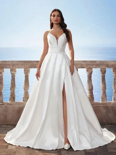 Simple White Wedding Dress, Wedding Event Dresses, Wedding Dress Simple, Wedding Dresses With Straps, Dress Simple, Satin Wedding Dress, Dress Gloves, Satin Wedding, Elegant Wedding Dress