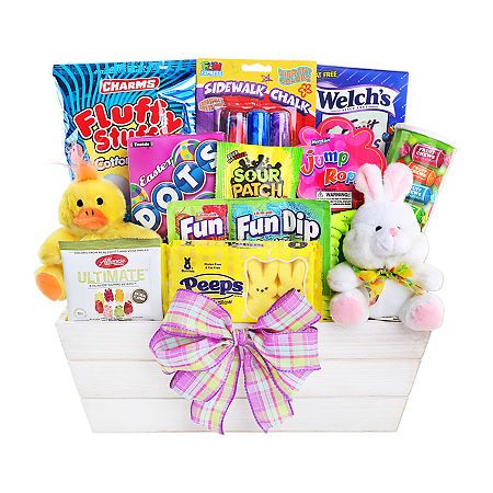 Our adorably designed alder creek gift baskets bunny and friends gift basket is the perfect gift to surprise kids of all ages with this Sunday easter morning. This egg-stravagent gift is full of all your easter essentials including sweet treats and fun toys to play with to make this easter extra special! Contents: plush duck - small size 4.5", plush bunny - small size 4.5", pinwheel, peeps 10ct yellow chicks, palmer hopper bunny (1.5oz), kettle corn (6oz), jelly belly 20 assorted flavors (1oz), 3-way bubbles, charms fluff cotton candy (2.5oz), dots easter candy theatre box (6oz), easter egg filled with candy, Crayola chalk 12ct assorted colors# Pieces In Set: 14Measurements: 7 Height/Inches, 15 Length/InchesContainer Type: BoxCountry of Origin: Made in US Easter Candy Gifts, Unicorn Easter Basket, Toy Gift Basket, Summer Gift Baskets, Bunny Friends, Candy Gift Baskets, Candy Easter Basket, Easter Essentials, Fun Dip