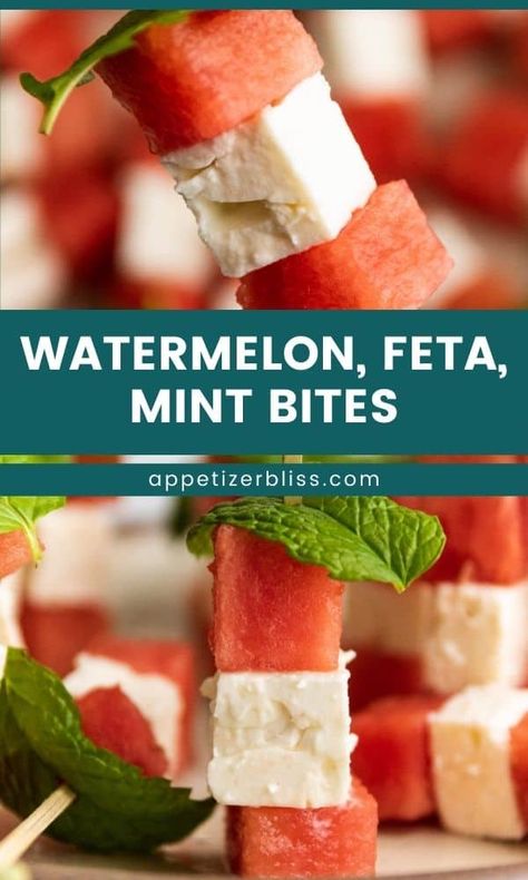 A perfect summer combination of watermelon, feta cheese, and mint leaves all in one delicious bite! This quick and easy appetizer is sure to be a hit at your party, family get-together, or just a relaxing afternoon. Feta Bites, One Bite Appetizers, Caprese Skewers, Watermelon And Feta, Quick And Easy Appetizers, Grilled Tomatoes, Summer Appetizer, Appetizer Bites, Vegetarian Appetizers