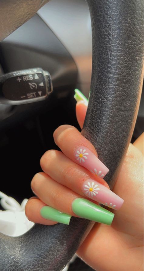 Acrylic Nails Two Different Color Nails On Each Hand, Bright Summer Acrylic Nails Designs, Spring Nails 2024 Trends Coffin, Neon Flower Nails, Medium Coffin Nails, Easter Themed Nails, Spring Nails Coffin, Bright Summer Acrylic Nails, Different Color Nails