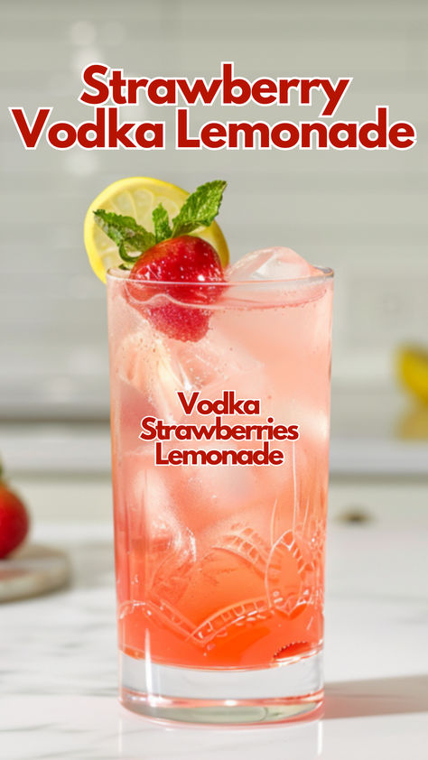 Strawberry Vodka Lemonade Strawberry Lemonade Vodka Drink, Vodka Lemon Cocktail, Easy Vodka Drinks 3 Ingredients, Lemonade Drinks With Alcohol, Sweet Vodka Drinks, Easy Vodka Drinks, Strawberry Lemonade Cocktail Recipe, Strawberry Vodka Lemonade, Strawberry Vodka Drinks