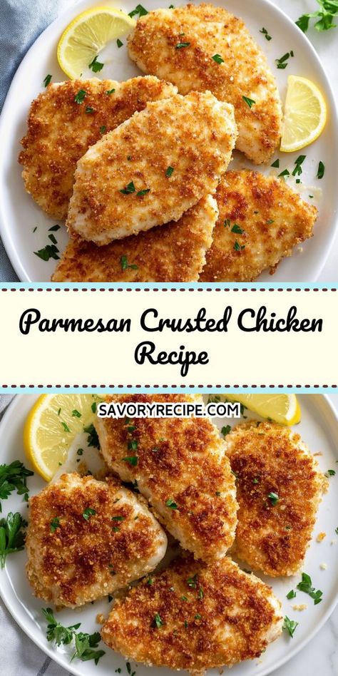 Craving a quick and flavorful chicken dinner? This Parmesan Crusted Chicken Recipe combines juicy chicken breasts with a crunchy, cheesy crust that’s hard to resist! Enjoy a satisfying meal that’s ready in no time. Don’t forget to save this recipe for your collection! Quick Easy Chicken Breast Recipes, Parmesan Crusted Chicken Breast, Easy Parmesan Crusted Chicken, Quick Chicken Breast Recipes, Panko Crusted Chicken, Parmesan Crusted Chicken Recipe, Crispy Chicken Breast, Crusted Chicken Breast, Chicken Parmesan Recipe Easy