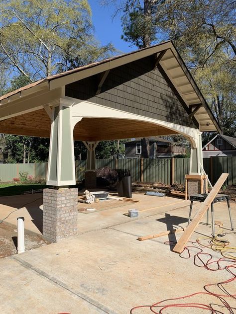 Craftsman Style Carport, Custom Carport Ideas, Car Ports Ideas Carport Designs, Craftsman Carport, Cottage Carport, Brick Carport, Seasonal Campsite, Carport Addition, Attached Carport