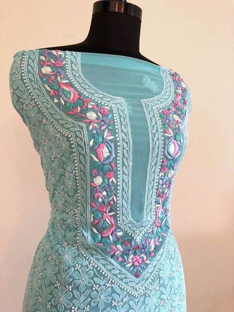 Parsi Neckline Chikankari Suit BLUE #fashion #dresses #suit#salwarsuitforwomen #salwarkameez #chikankari #handloom #hathkargha #lucknawi#gotapatti #gotawork Lucknowi Chikankari Suits, Chikankari Dupatta, Georgette Suits, Mughal Jewelry, Indian Dress Up, Embroidery Suits Punjabi, Chikankari Suits, Lucknowi Chikankari, Hand Embroidery Dress