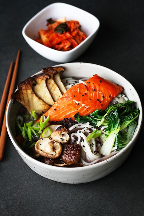 Salmon Ramen, Broth And Noodles, King Mushroom, Ramen Dishes, Seafood Stock, Purple Cabbage, Shiitake Mushroom, Ramen Bowl, New Menu