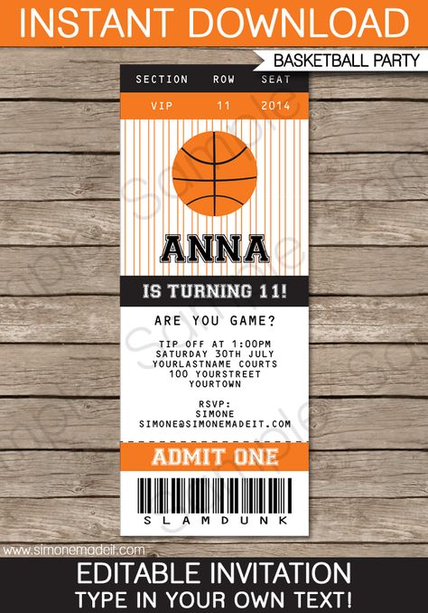 Basketball Birthday Party Invitations, Ticket Invitation Template, Basketball Party Decorations, Basketball Invitations, Basketball Birthday Invitations, Basketball Party Ideas, Basketball Birthday Party, Purple Text, Soccer Birthday Party