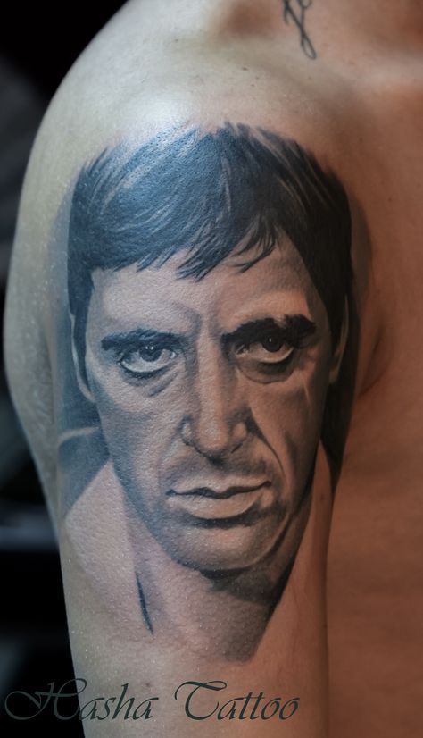 Tony Montana Tattoo www.hasha-tattoo.ro Tony Montana Tattoo Stencil, Montana Tattoo Ideas, Tony Montana Tattoo, Scarface Tattoo, American Flag Forearm Tattoo, Portraits Tattoo, Montana Tattoo, Gangster Tattoo, Tattoo Portrait