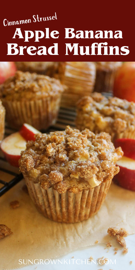 Apple Banana Bread Muffins are a fall baking favorite, but delicious any time of year! Packed with 2 apples, 2 bananas, almond flour, applesauce and real maple syrup with a cinnamon crumble topping, these healthier Banana Bread Applesauce Muffins make the perfect breakfast, snack or treat! Apple Banana Oat Muffins, Apple Bake Breakfast, Applesauce Banana Bread Recipe, Cranberry Apple Muffins, Cinnamon Banana Bread Muffins, Apple And Banana Recipes, Healthy Kids Muffins, Recipes That Use Applesauce, Bake With Applesauce