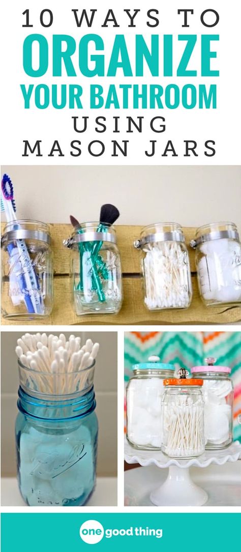 Mason jars are a workhorse in the kitchen, and they can even help you organize your bathroom too! Check out these 10 brilliant ideas for using mason jars to store, display, and organize almost anything in your bathroom. Small Bathroom Organization Storage, Jar Organization, Diy Mason Jars, Bathroom Jars, Jewerly Holders, Jar Crafts Diy, Diy Hanging Shelves, Mason Jar Bathroom, Mason Jar Projects