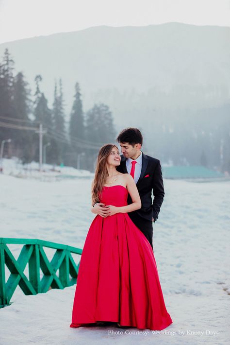 pre-wedding shoot in Gulmarg, Kashmir Couple Photoshoot In Kashmir, Pre Wedding Shoot Gowns, Couple Poses In Gown, Dresses For Pre Wedding Shoot, Pre Wedding Dress Ideas For Couple, Pre Wedding Clothes Idea, Pre Wedding Outfit Ideas, Pre Wedding Shoot Ideas Outfit, Pose Chart