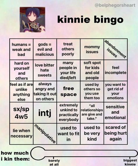 i didnt like the other one i saw so i made this one closer to his canon personality . :3 Scaramouche Kinnie Bingo, Scaramouche Balladeer, Fun Templates, Kinnie Bingo, Intj, Bitter, Bingo, Genshin Impact, I Saw