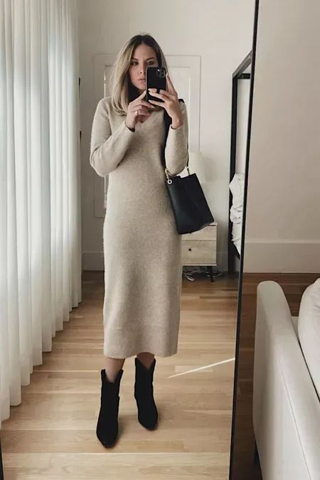 Sweater dress and boots | Ashley Robertson - dallas blogger, chic casual style, everyday style, ootd, street style, Topshop Long Sleeve Sweater Dress Long Grey Sweater Dress Outfit, White Sweater Dress With Boots, Long Sweater Dress Outfit Winter, Japandi Outfits, Long Sweater Dress With Boots, Beige Sweater Dress Outfit, Knit Dress With Boots, Midi Sweater Dress Outfit, Long Sweater Dress Outfit