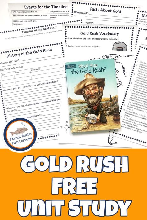 The California Gold Rush is a fun American history topic to learn about!  Check out this unit study with free printables including note taking pages, multiplication story problems, following directions, writing prompts and more!  Videos, hands on activities and online resources included, too! #americanhistory #goldrush #unitstudy California Gold Rush Activities, Gold Rush Activities, Butter Fish, Unit Studies Homeschool, 4th Grade Social Studies, California Gold Rush, History Worksheets, American History Lessons, Ca History