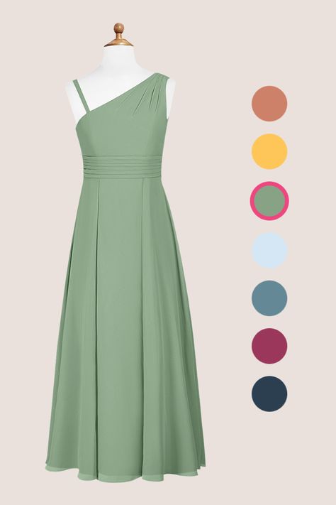 Have your junior bridesmaids looking and feeling fabulous while wearing Dallas, our chiffon A-line dress. This modern, one-shoulder beauty features pleating details. Her unique details will have your junior bridesmaid twirling in style across the dance floor. Jr Bridesmaid Dresses, Bridesmaid Dresses Off Shoulder, Teenager Party, Bridesmaid Dresses Satin, Junior Bridesmaids, Sage Green Bridesmaid Dress, Beauty Features, Junior Bridesmaid Dress, Green Bridesmaid Dresses