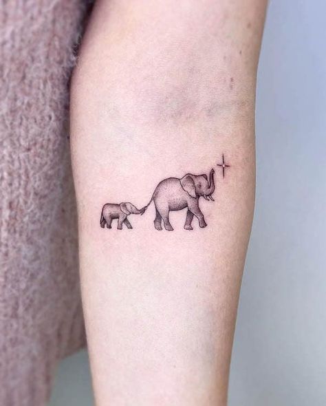 Unique Elephant Tattoos, Elephant Family Tattoo, Baby Elephant Tattoo, Elephant Tattoo Meaning, Paper Plane Tattoo, Our Mindful Life, Elephant Tattoo Design, Date Tattoos, Tattoo For Son