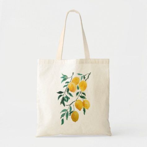 Tote Bag Design Ideas, Bag Design Ideas, Diy Tote Bag Design, Painted Canvas Bags, Handpainted Tote Bags, Lemon Watercolor, Tote Design, Canvas Bag Design, Lemon Painting