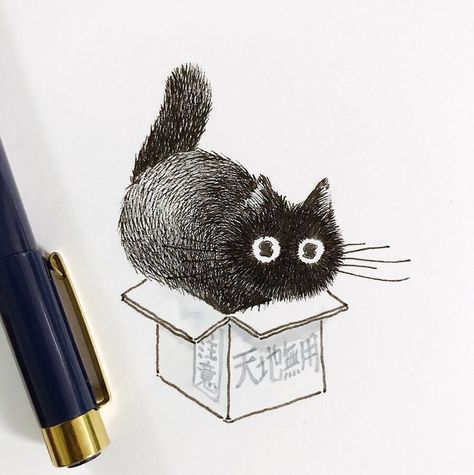 Black Cat Drawings, Cat In Box, Black Cat Drawing, Black Cat Tattoos, Cat Tat, Cartoon Character Tattoos, Cat Drawings, Drawing Expressions, Cat Box