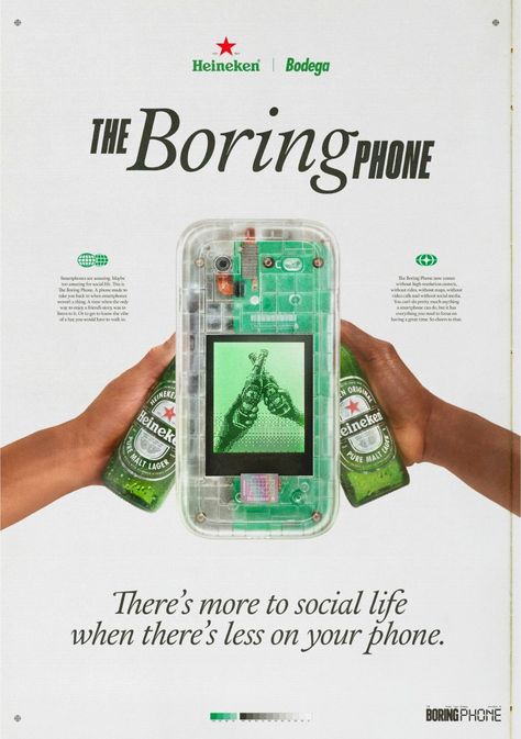 Heineken Dials Down On Frills With Nokia Maker To Launch ‘The Boring Phone’ - DesignTAXI.com Food Launching Poster, Cv Inspiration, Y2k Design, Branding Design Packaging, 2000s Nostalgia, Beer Brands, Concept Board, Smart Tech, Phone Design