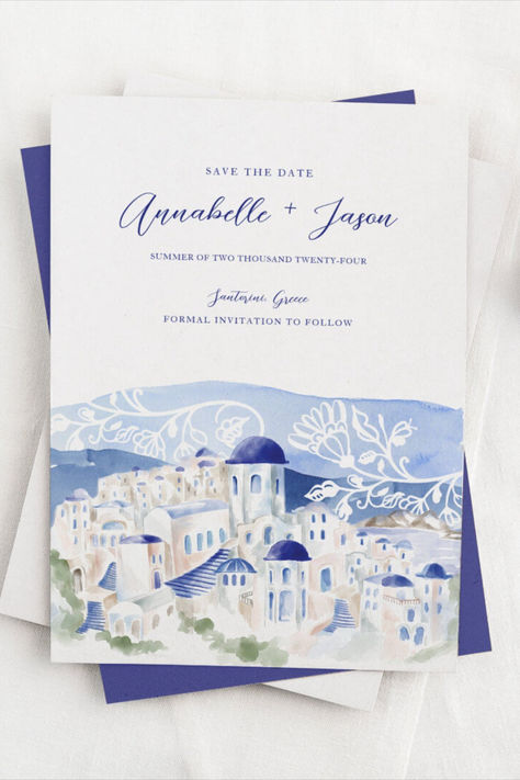 Greece Watercolor, Save The Date Wedding Card, Island Architecture, Destination Wedding Save The Date, Greece Landscape, Grecia Santorini, Santorini Island, Santorini Wedding, Mediterranean Coast