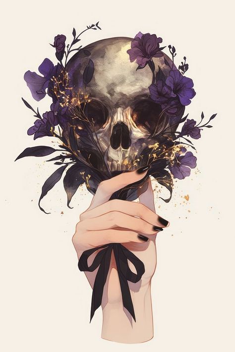 Skull with flowers illustration | free image by rawpixel.com / Boom Skull With Flowers Drawing, Skull In Flower, Spooky Flowers, Scrapbook Inspo, Skull With Flowers, Skull Flower, Skeleton Head, Flowers Illustration, Hand Flowers