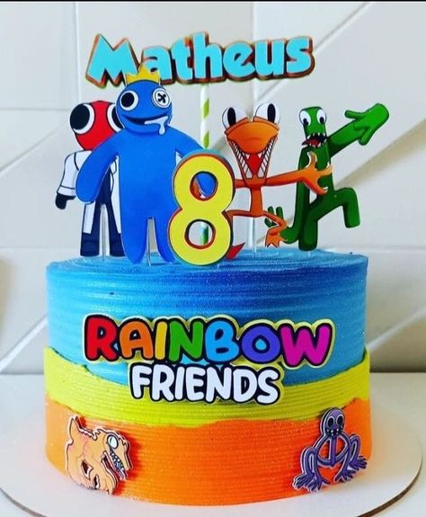 Rainbow Friends Cake Ideas, Fiesta Rainbow Friends, Pastel Rainbow Friends, Rainbow Friends Cake, Rainbow Friends Birthday Party, Friends Birthday Cake, Rainbow Friend, Hot Wheels Birthday, Rainbow Birthday Cake