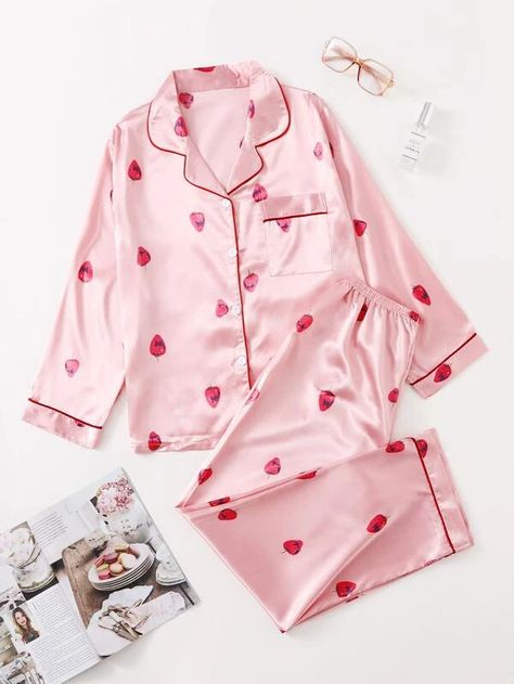 Satin Strawberry Print Pocket Front Night Set | SHEIN USA Strawberry Pajamas, Pijama Satin, Satin Long Sleeve Top, Sleepwear Women Pajamas, Night Set, Pyjama Satin, Cute Pajama Sets, Mens Pajamas Set, Shein Outfits