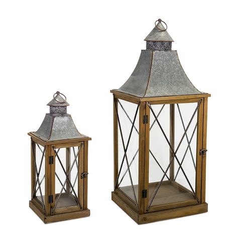 Wooden Candle Lanterns, Rustic Wood Lanterns, Metal Candle Lanterns, Rustic Lanterns, Large Lanterns, Small Lanterns, Gray And Brown, Wood Lantern, Lantern Set