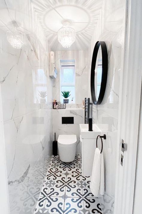 Discover the monochrome cloakroom toilets of dreams. This small space has been transformed into a luxury modern room. Shop the look and tap the link Small Toilet Decor, Small Toilet Design, Cloakroom Toilet, Small Downstairs Toilet, Small Bathroom Inspiration, Toilet Ideas, Bilik Air, White Toilet, Toilet Room Decor