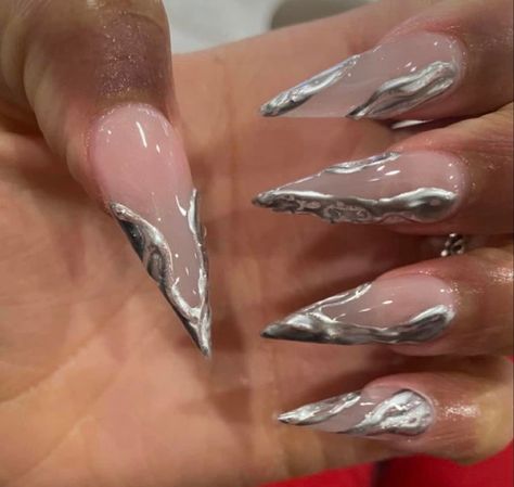 Pointy Silver Nails, Stelito Nails, Sliver Nails, Stilleto Nails Designs, Long Acrylic Nail, Long Acrylic Nail Designs, Girly Acrylic, Nail Time, Nail Makeup