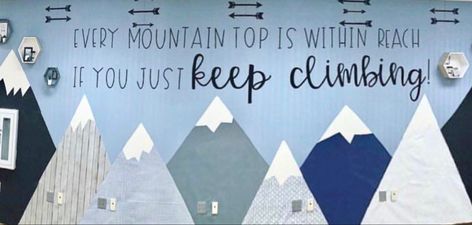 Mountain Door Decorations Classroom, Mountain Theme Bulletin Board, Together We Can Move Mountains Bulletin Board, Camping School Theme Bulletin Boards, Outdoor Theme Bulletin Board Ideas, Mountain Classroom Bulletin Boards, Mountain Hallway Decor School, Adventure Awaits Classroom Door, Let The Adventure Begin Bulletin Board