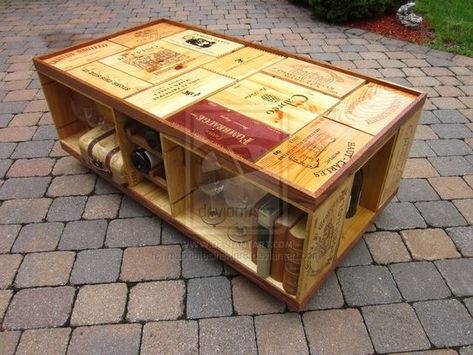 Wine Box Table, Wine Crate Crafts, Wine Crate Table, Wine Crate Coffee Table, Recycled Table, Wine Grotto, Crate Shelves Diy, Crate Crafts, Wine Crates