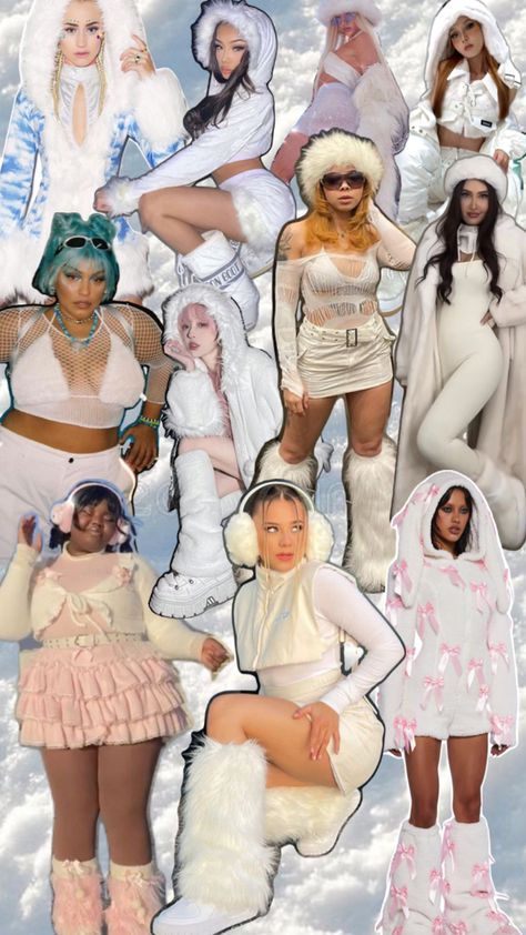 A collage of winter rave outfit for women in a white color pallet 1990s Rave Fashion, Comfy Rave Outfit Winter, Winter Wonderland Rave Outfit, White Winter Rave Outfits, Decadence Rave Outfits Winter, Snowbunny Rave Outfit, Fuzzy Rave Outfit, Snow Rave Outfits, Snow Bunny Rave Outfit