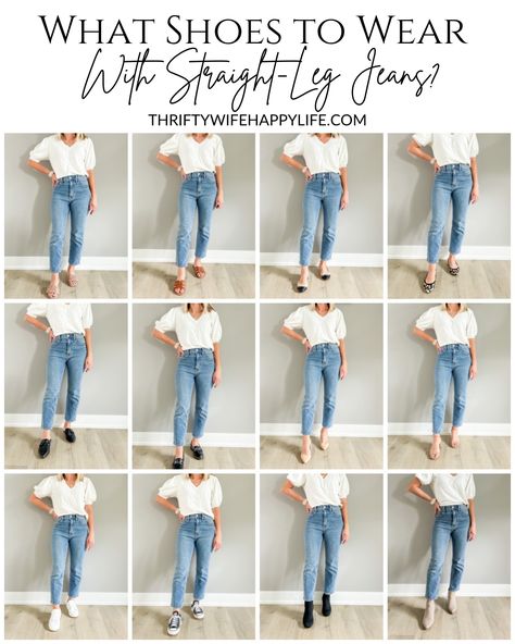 Ankle Length Jeans Shoes, Straight Pants Outfit Jeans, Women’s Straight Leg Jeans Outfit, What Shoes To Wear With Jeans, Ankle Straight Jeans Outfit, Mom Jeans Shoes, Outfits With Straight Leg Jeans, Shoes To Wear With Straight Leg Jeans, Ankle Jeans Outfit