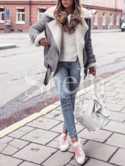 Shop Grey Long Sleeve Lapel Coat online. SheIn offers Grey Long Sleeve Lapel Coat & more to fit your fashionable needs. Trendy Winter Jackets, Plain Coats, Walking Down The Street, Trendy Jackets, Grey Coat, Slouchy Beanie, Looks Style, Fall Winter Outfits, Womens Fashion Trends